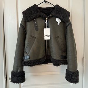 Zara Green Faux Leather Shearling Lined Aviator Jacket